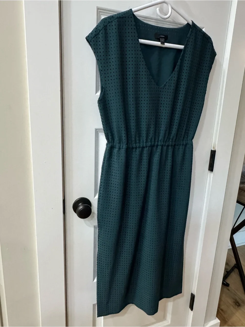 J. Crew Forest Green V-Neck Midi Dress with Subtle Dot Detail